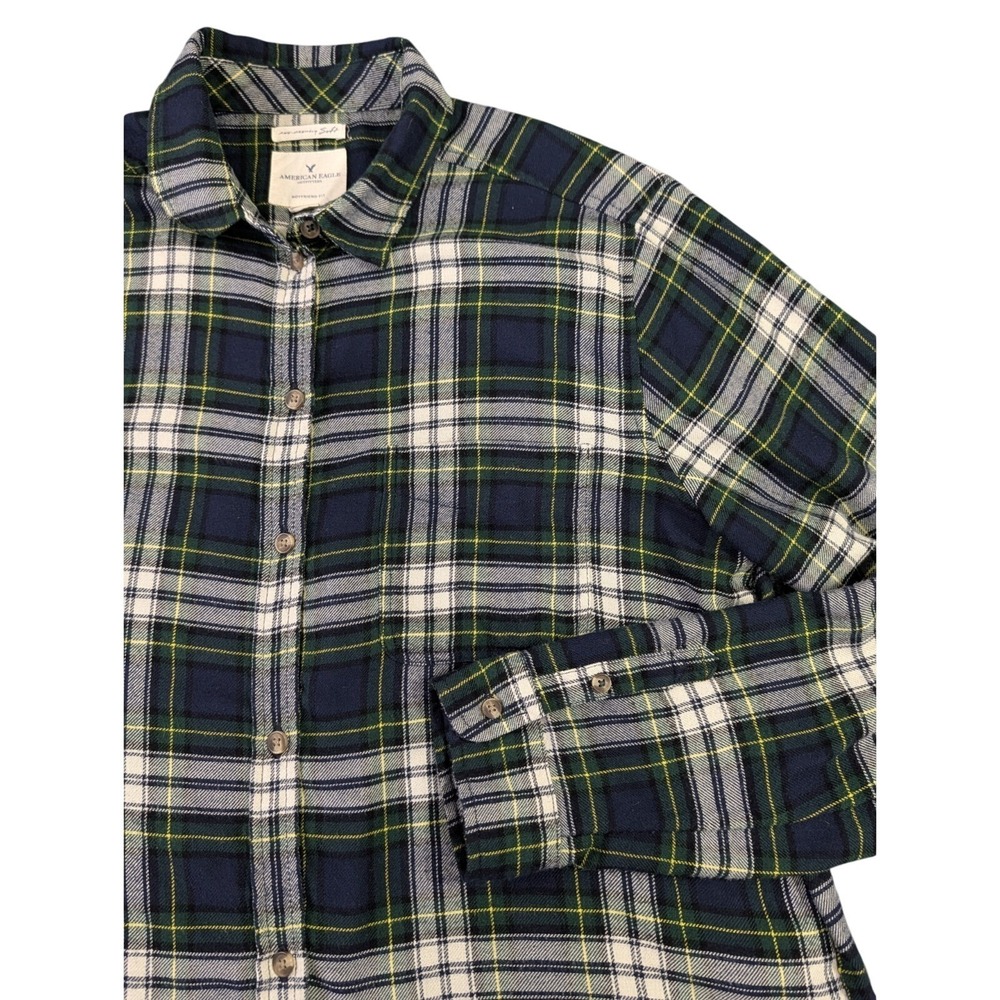 American Eagle Flannel Shirt Womens L Green Blue Plaid Boyfriend Fit Soft Cabin